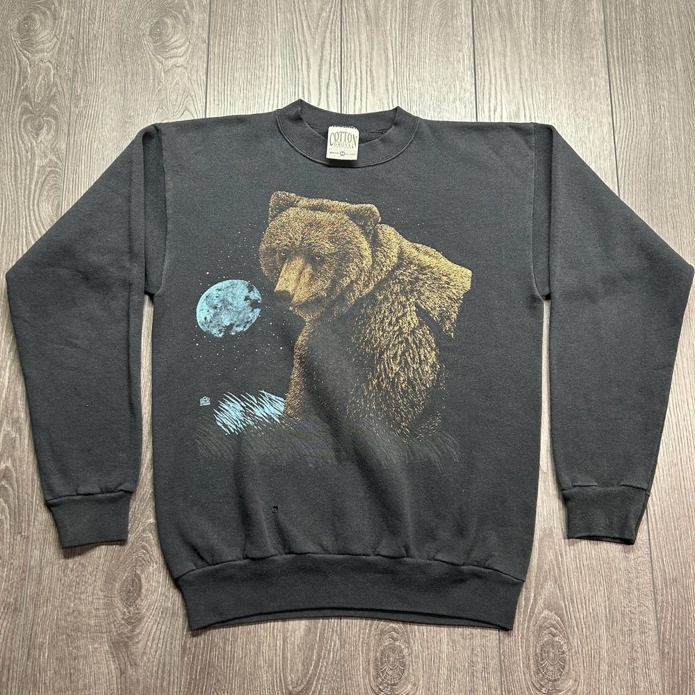 Vintage Grizzly Bear Moon Sweatshirt Mens Medium Black USA Made Cotton Grove